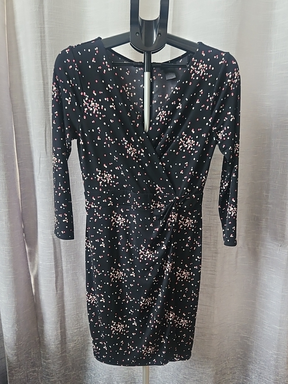Ann Taylor Black Long-Sleeve Wrap-Style Sheath Dress with Pink Dot Print